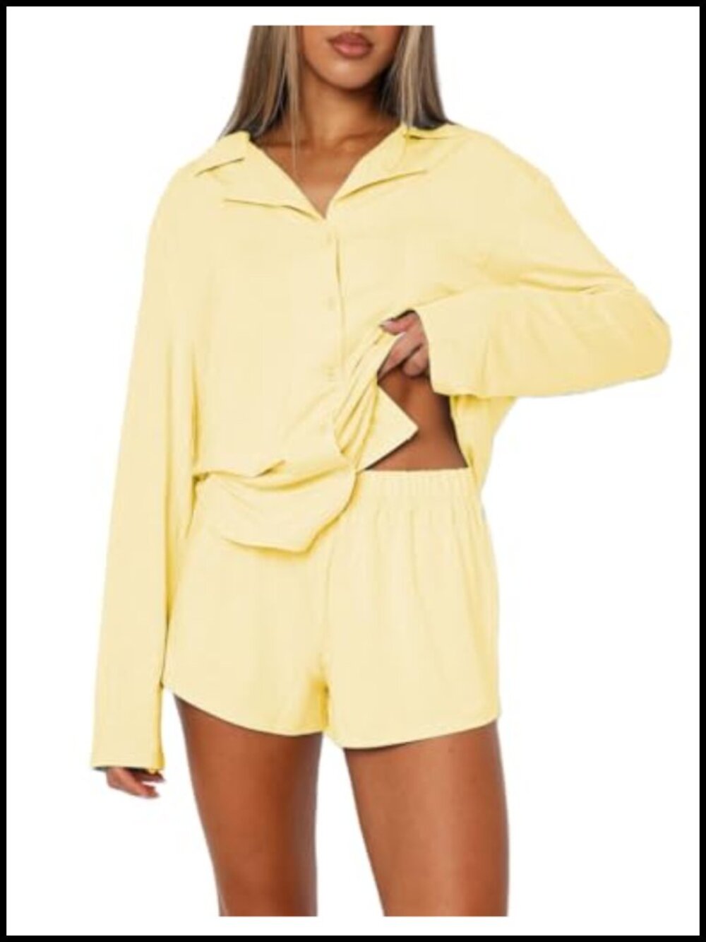 Giraropa Cotton Blend Button Down Pajama Set Long Sleeve Shirt & Shorts Women
